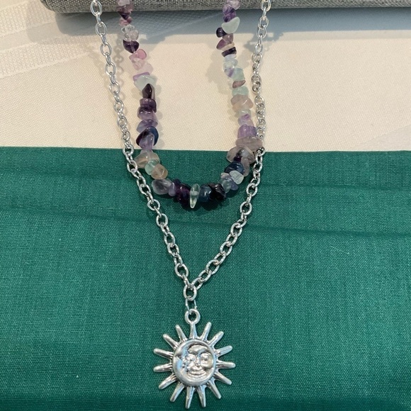 Silver Tone Sun Necklace & Multi Color Stone Beaded Necklace - Picture 3 of 5